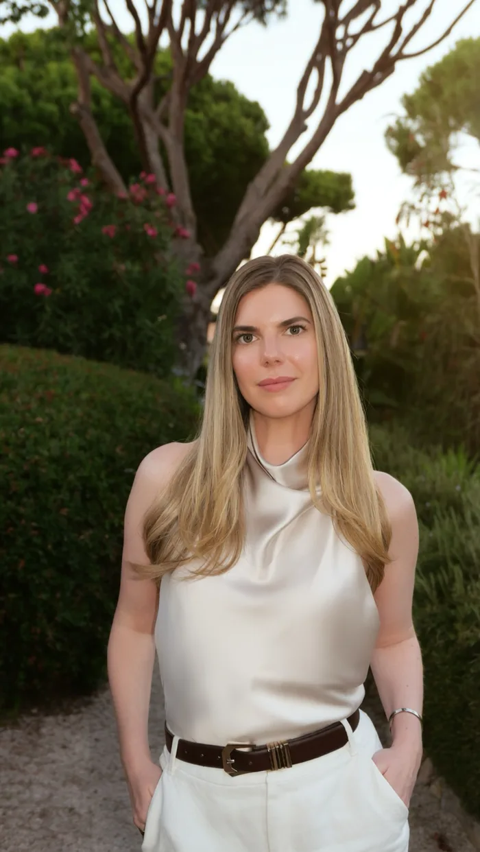 Portrait of Samantha Jane Lever standing in a garden, her long blonde hair over a cream satin halter top, hands in her pockets, looking at the camera